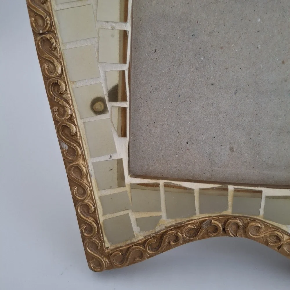 Vtg ANNA Gold Scroll Mosaic Frame Translucent Glass/Shell Tiles Shield Shape